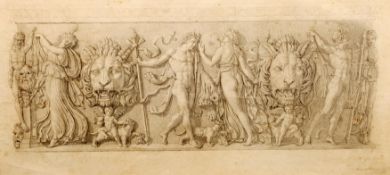 LEANDRO RICCI (18th century) Italian Classical Frieze With Figures and Lion Masks Pencil Inscribed