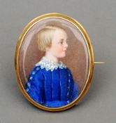 A 19th century yellow metal framed portrait miniature brooch Painted with the figure of a young