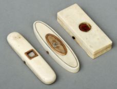 Three 19th century ivory toothpick boxes Two with unmarked yellow metal framed panels to the lid,