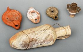 A small quantity of various antiquities Comprising: three terracotta oil lamps, a small twin handled