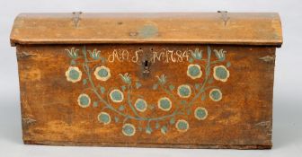 An 18th century painted pine Alsace marriage chest The iron hinged domed top above the painted