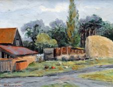 ENGLISH SCHOOL (20th century) Farmyard with Chickens Oil on canvas Signed indistinctly 50 x 39.5