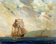M.A. THORNLEY (20th century) British Tall Ship Off the Coast Oil on canvas Signed 51 x 40.5 cms,