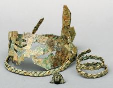 An ancient Byzantine bronze tiara and bracelet Both of plaited construction, the tiara with