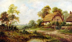 STANLEY CLARK (19th century) British Figure Before a Thatched Cottage in a Rural Landscape Oil on
