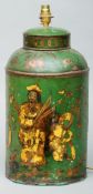 A 19th century painted tole ware tea cannister Chinoiserie decorated on a green ground, converted to