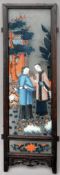 A Chinese reverse painted glass panel Depicting a courting figure in a garden, in a hardwood frame