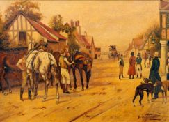 *AR GEORGE WRIGHT (1860-1942) British Changing the Stagecoach Horses Oil on panel Signed 43.5 x 31