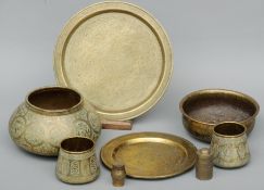 Eight similarly engraved 19th century brass items, probably Cairo Including: jardinieres, bowls,