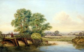 ENGLISH SCHOOL (19th century) Figures on a Bridge and by a River in a Rural Landscape Watercolour 58