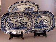 Three 18th century Chinese Export blue and white porcelain platters Two of canted rectangular