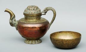 A 19th century Tibetan wine pot and a rare Tibetan “singing” bowl Of plain form. The latter 18.5 cms
