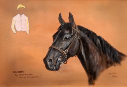 BROOK (20th century) British Five Horse Head Studies, two incorporating jockeys colours Oils on