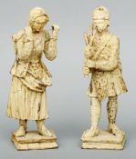 A pair of 18th/19th century carved wood and painted figures Modelled as a Scottish piper and a woman
