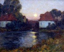 HARRY VAN DER WEYDEN (1868-1952) American Cottages by a Lake at Dusk Oil on canvas Signed and