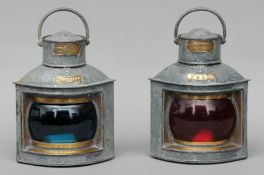 A pair of ships lamps One with red glazing and brass plaque inscribed Port, the other with blue