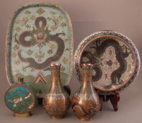 Five pieces of cloisonne ware Comprising: tray decorated with a dragon chasing a flaming pearl, a