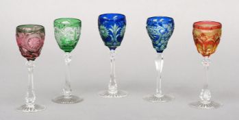 Five Stevens & Williams of Stourbridge intaglio cut Cameo liqueur glasses The bowls variously