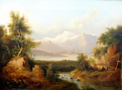 ENGLISH SCHOOL (19th century) Figures by an Alpine Stream, possibly Lake Lucern in the distance; and