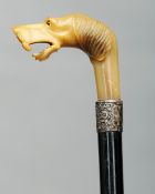 A Victorian horn handled walking stick The handle formed as a dog’s head with inset glass eyes above