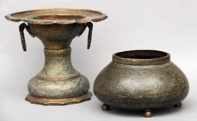 A 19th century Middle Eastern brass brazier With loop handles, the body engraved with calligraphy;