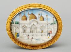 A 19th century unmarked yellow metal mounted brooch The centre set with an oval gilt heightened