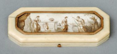 A 19th century ivory toothpick box The hinged lid with an unmarked yellow metal framed classical