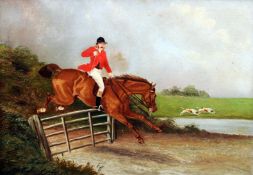 ENGLISH NAIVE SCHOOL (19th/20th century) Hunting Scenes Oils on board Signed J. Trower 43 x 30.5