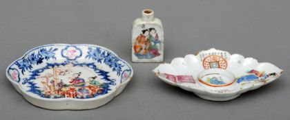 Three pieces of 19th century porcelain Comprising: a snuff bottle, decorated to either side with