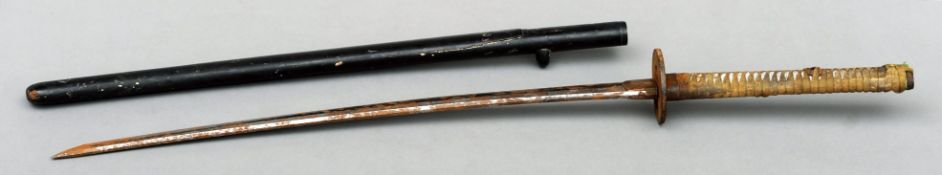 A 19th/20th century Japanese wakizishi and lacquered scabbard With shallow curved blade, pierced