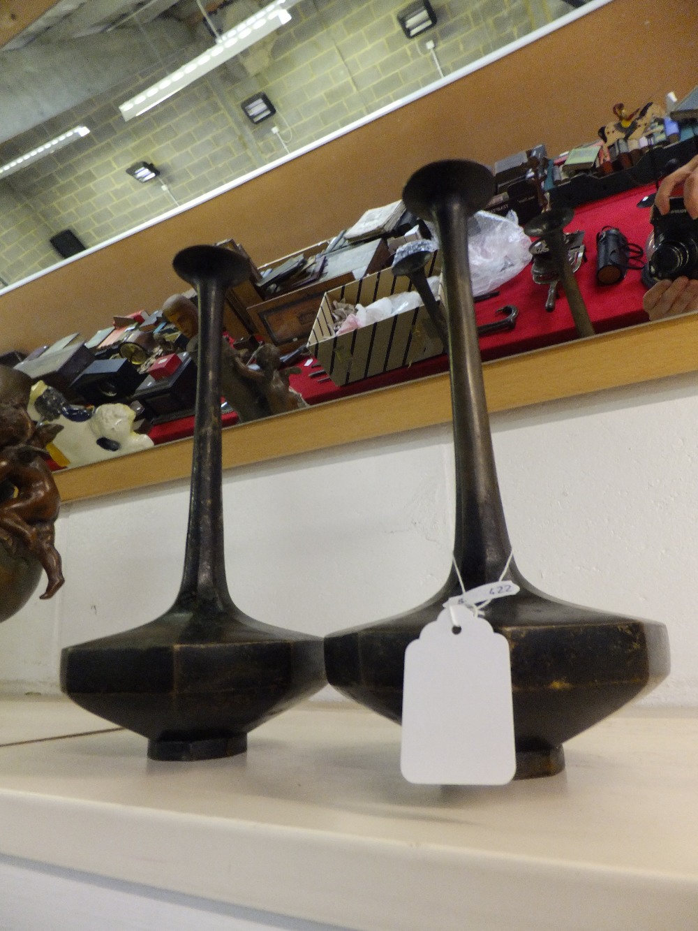 A pair of 19th C Japanese bronze long stemmed vases with octagonal shaped bases 10"