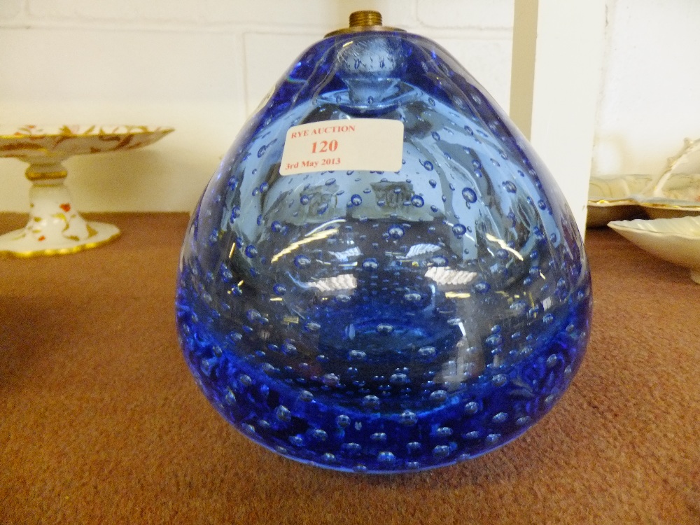 A large Whitefriars blue glass lamp base with bubble inclusions