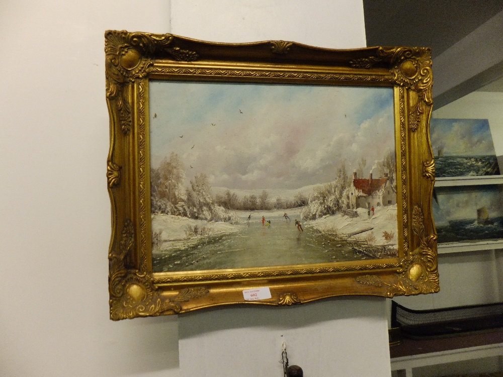 RAYMOND PRYCE oil on canvas depicting a winter scene with ice skaters, and signed lower right,