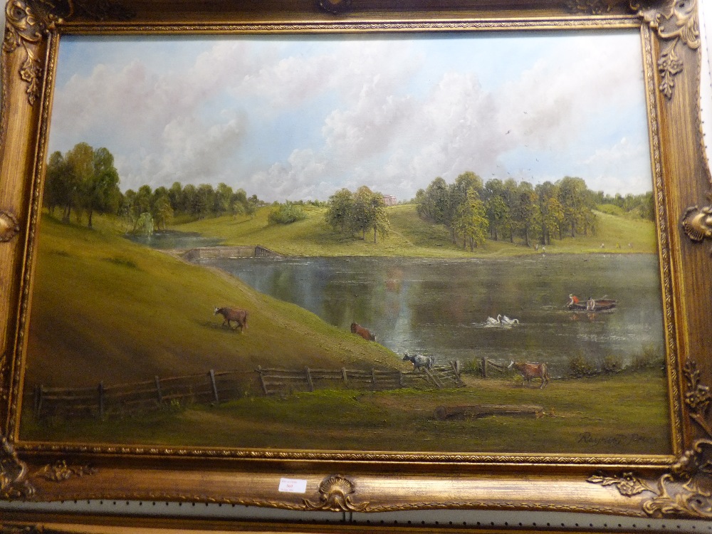 RAYMOND PRYCE oil on canvas depicting a pastoral and lake scene, signed lower right, size 36"x 24"