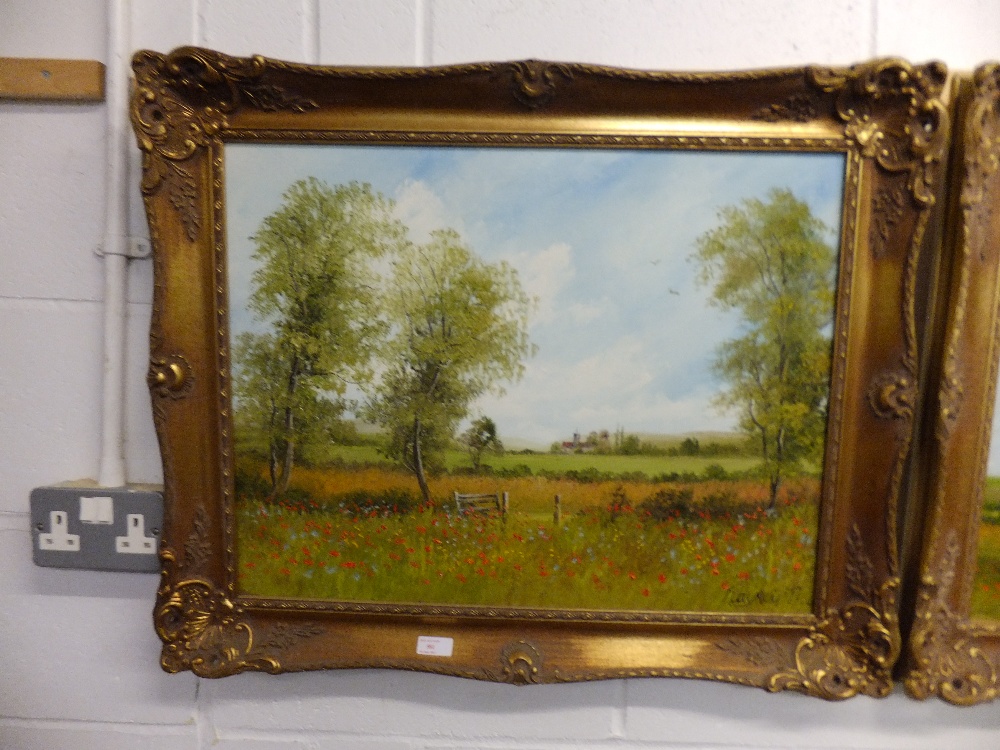 RAYMOND PRYCE oil on canvas depicting pastoral scene with poppies in field, signed lower right