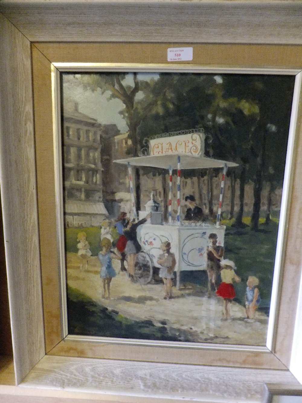 SCUDDER oil on board depicting a Parisian ice cream stall scene with children, white painted frame