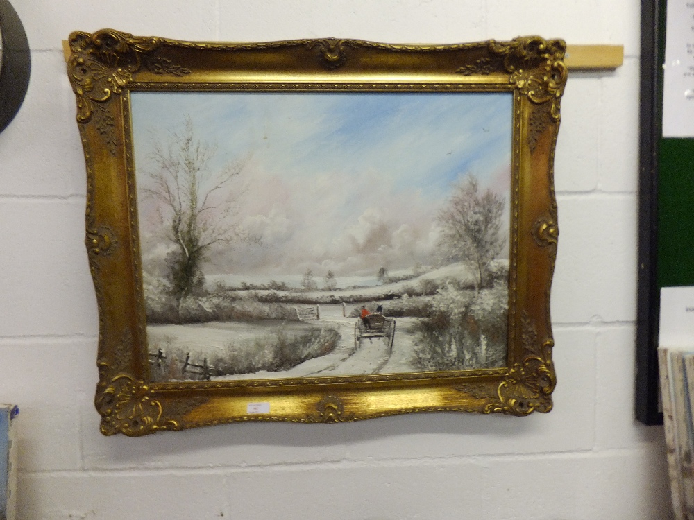 RAYMOND PRYCE oil on canvas depicting a horse and cart in a winter scene, signed lower right, size