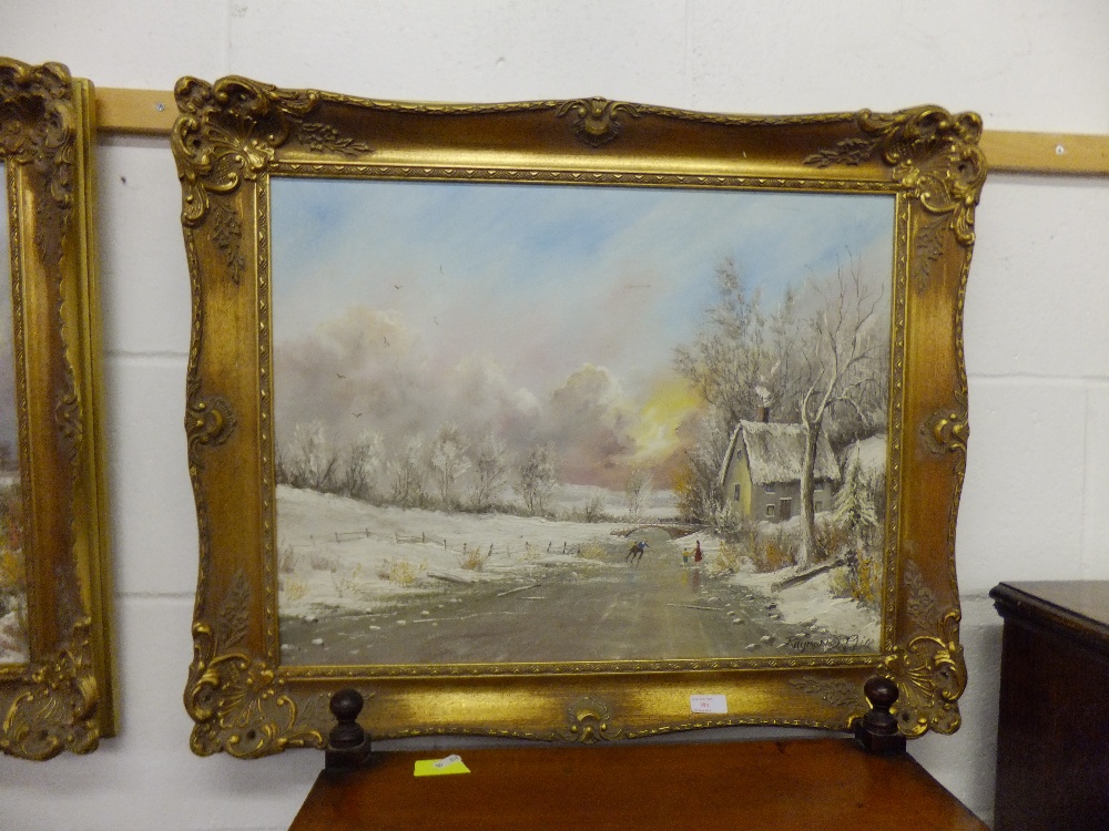 RAYMOND PRYCE oil on canvas depicting a winter scene with ice skaters, signed lower right, size 24"