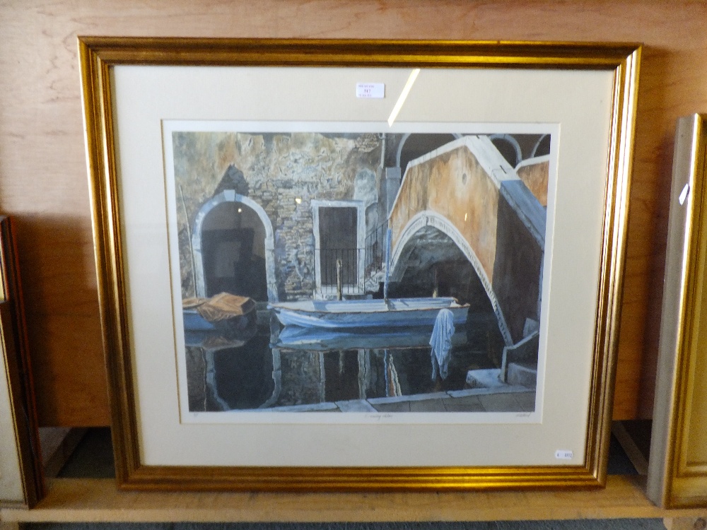 A signed print by MICHAEL MACDONAGH WOOD, titled "EVENING CALM" depicting a scene in Venice,