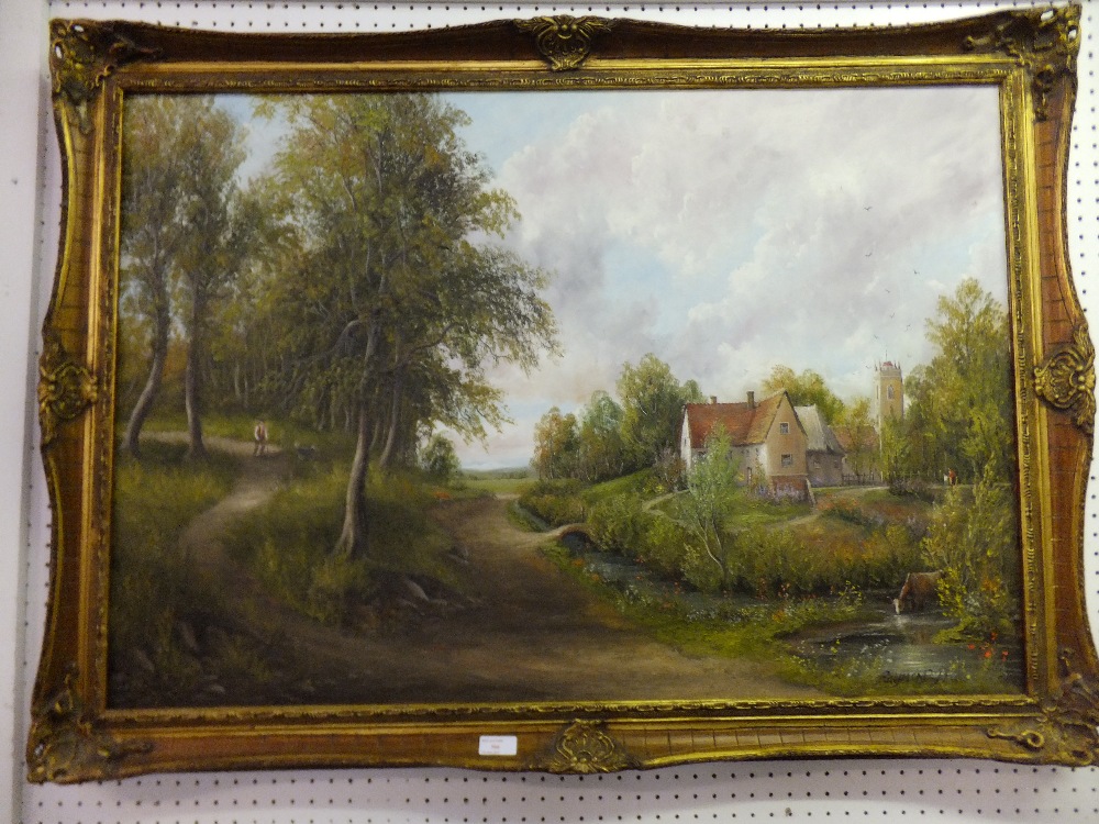 RAYMOND PRYCE oil on canvas depicting a man walking his dog in a pastoral scene signed lower