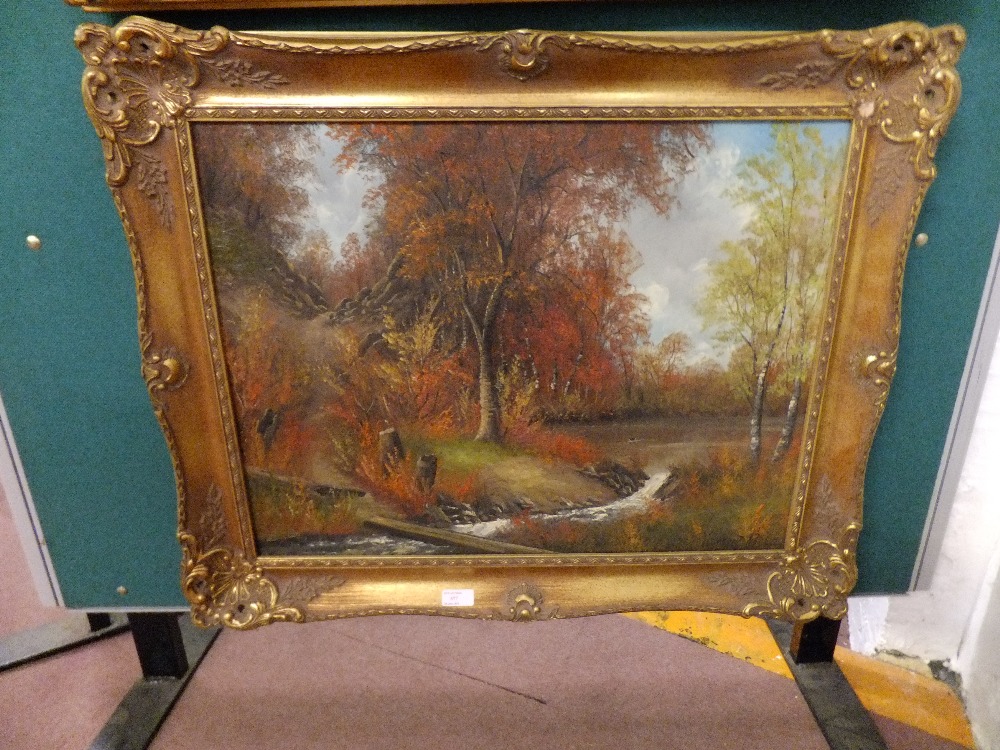 RAYMOND PRYCE oil on canvas depicting a river crossing in a autumnal forest, size 24"x 20" with a