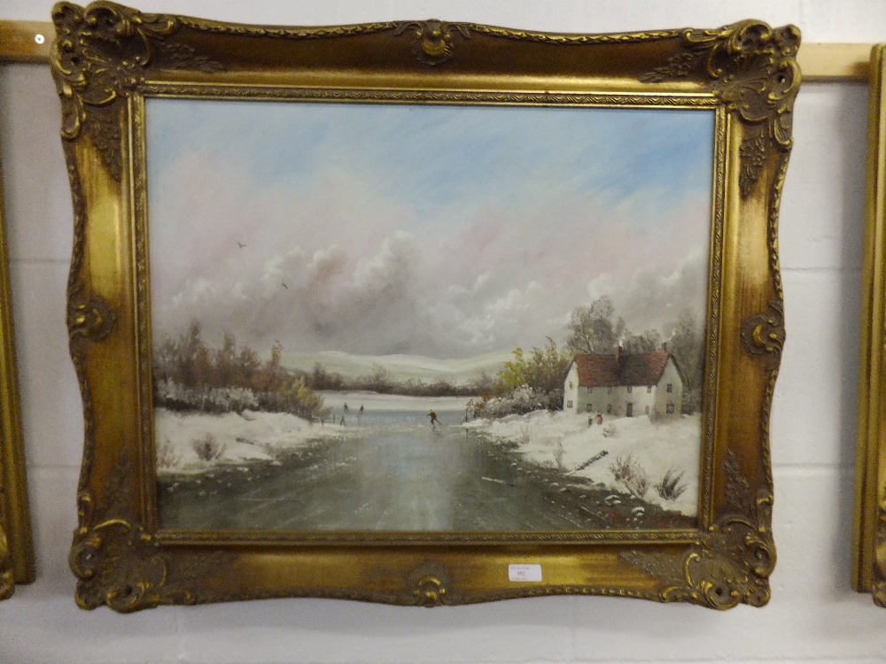 RAYMOND PRYCE oil on canvas depicting a winter scene with ice skaters, signed lower right, size 24"