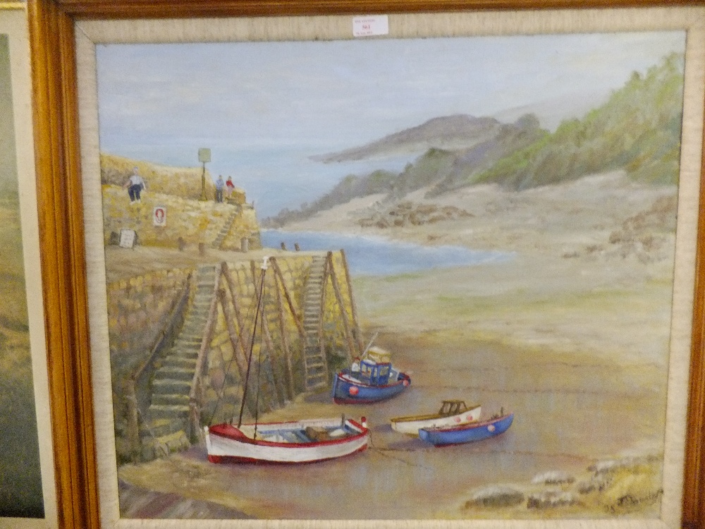 JOY DORA DOWDE "THE HARBOUR" 1995, oil on canvas, depicting a harbour scene and signed lower