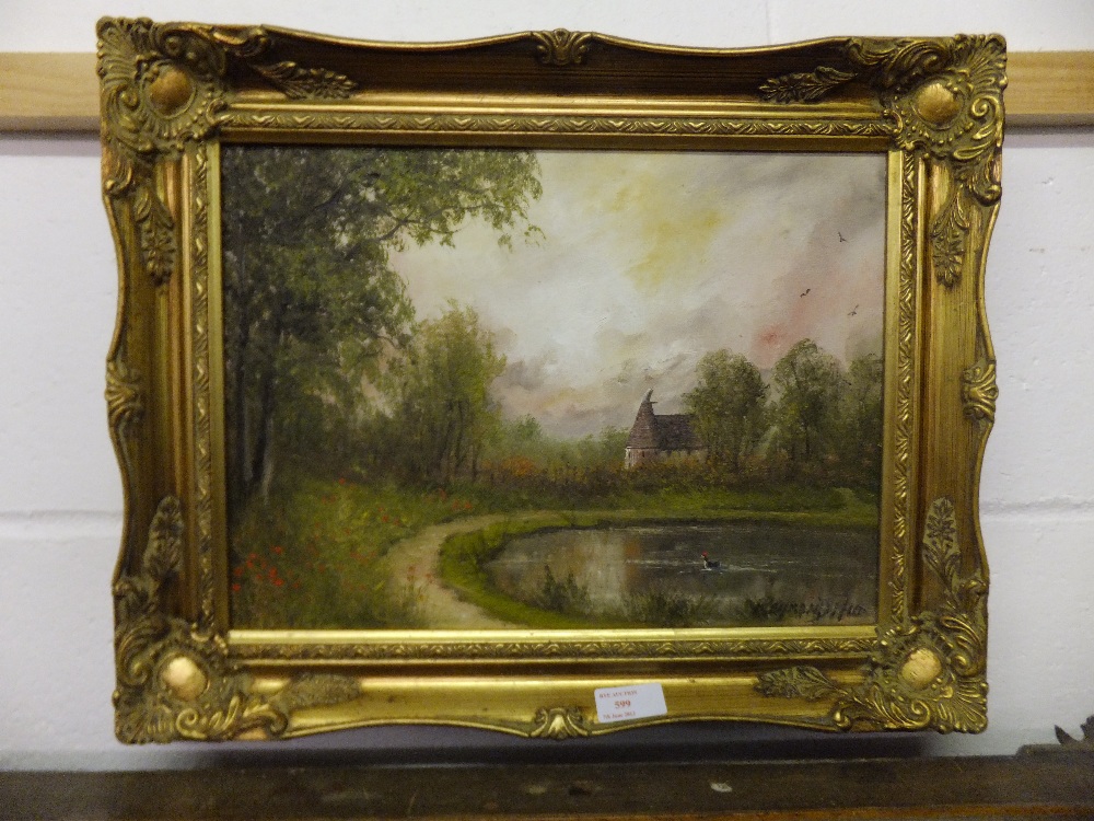 RAYMOND PRYCE oil on canvas depicting a pastoral scene with oast house, and signed lower right, size