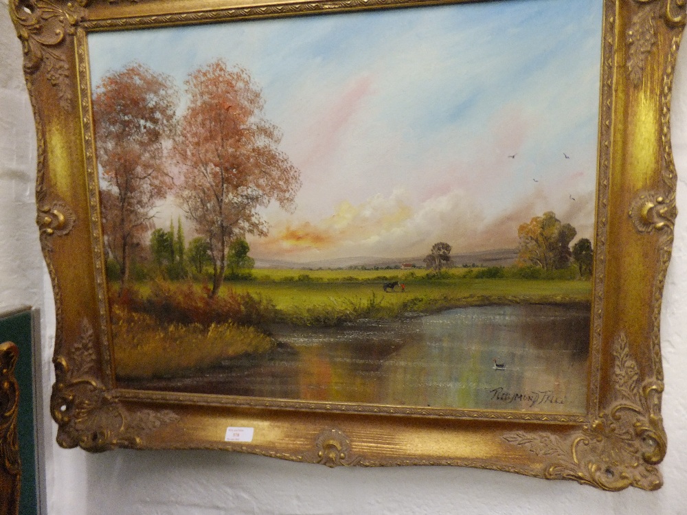RAYMOND PRYCE oil on canvas depicting a pastoral river scene,
signed lower right, size 24"x 20" gilt