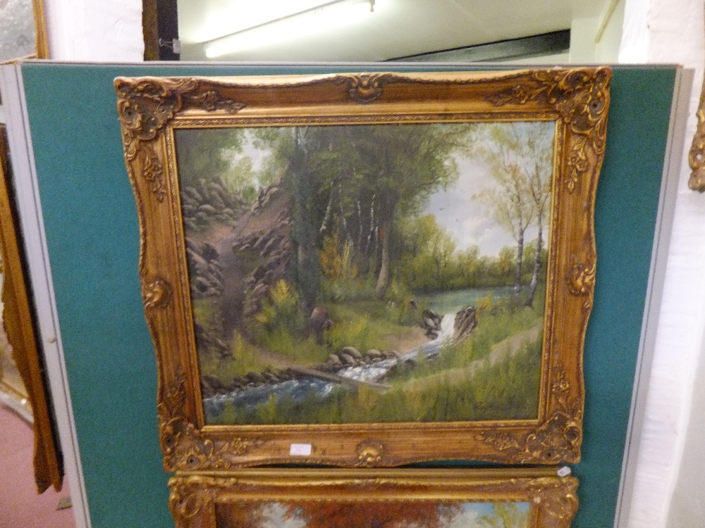 RAYMOND PRYCE oil on canvas depicting a river crossing in a forest, signed lower right, size 24"x