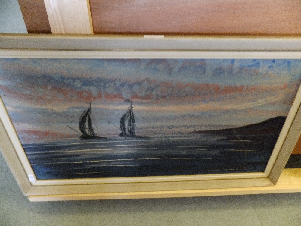 A oil on board signed lower right ( signature unclear ) depicting two sailing boats at sea, white