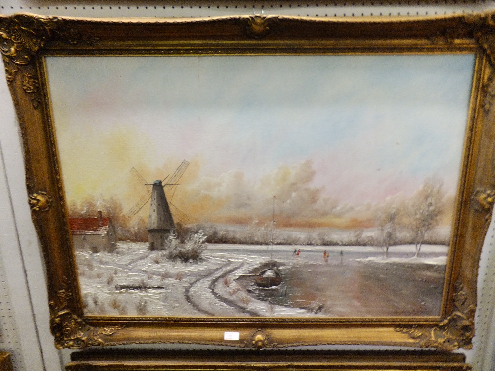 RAYMOND PRYCE oil on canvas depicting a windmill in winter,
signed lower right size 36"x 24" with