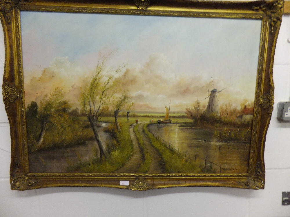 RAYMOND PRYCE oil on canvas depicting a pastoral scene with windmill and river sail boat, and signed
