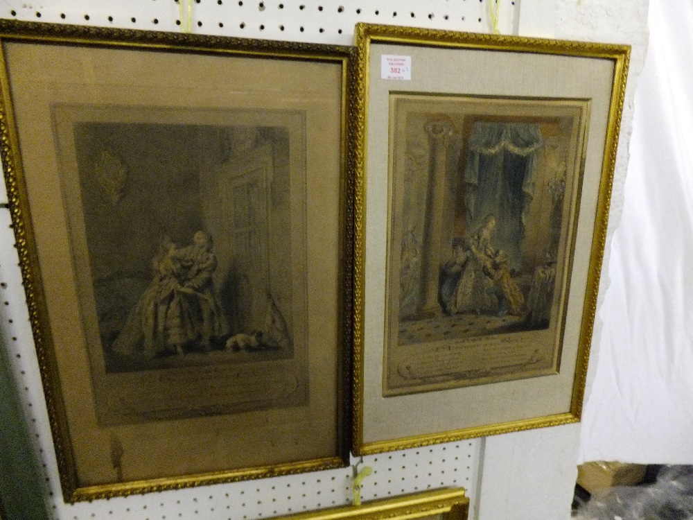Two reprint copper plate engravings, both partly hand coloured, titled 'La Visite Inattendue' and '